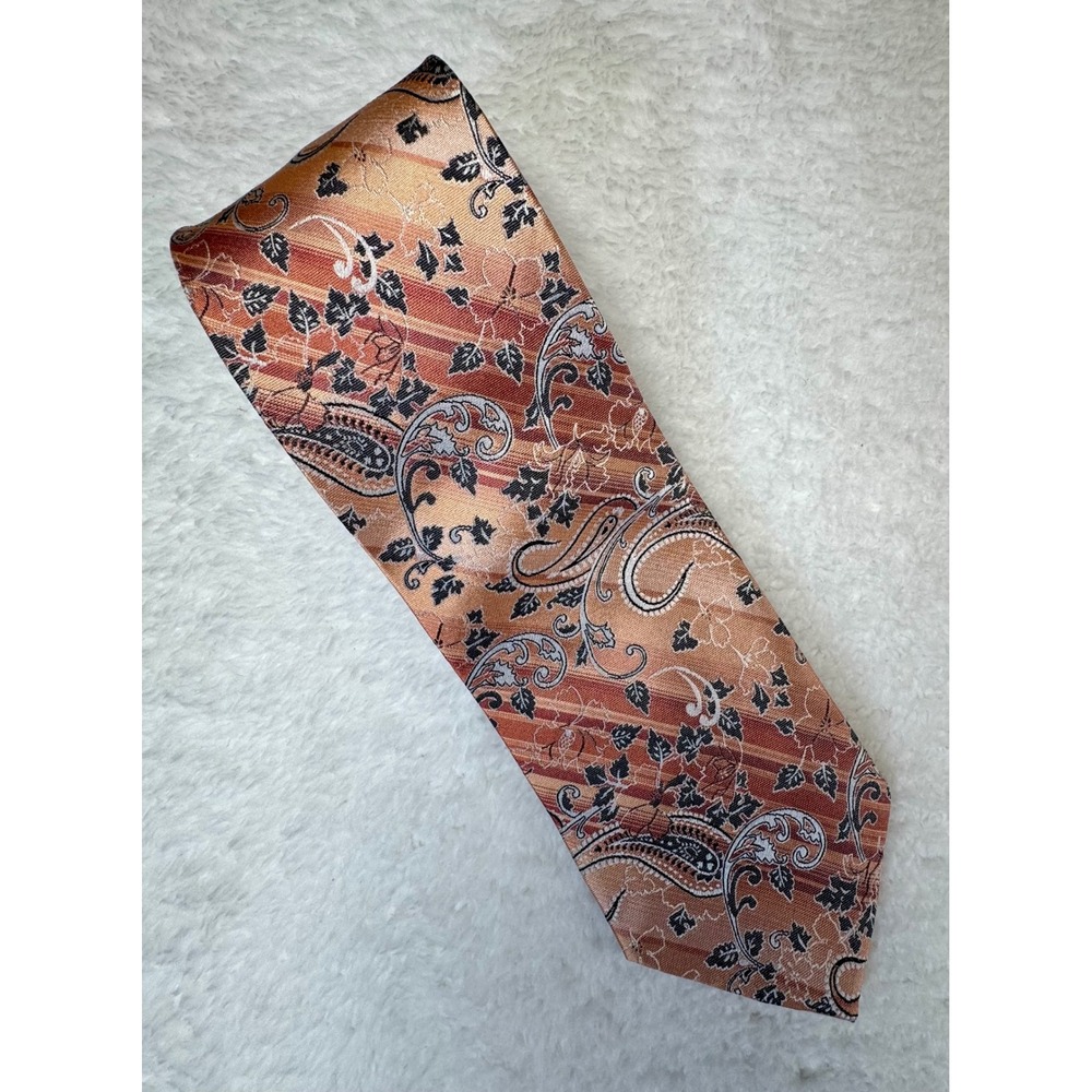 Mario Ferrari Necktie Orange Paisley Floral Striped Silk Width 3.25" Length 58